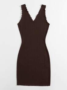 SHEIN Privé Lettuce Trim Rib-knit Bodycon Dress - Coffee Brown - View 3