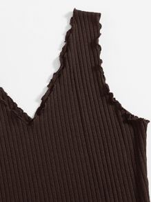 SHEIN Privé Lettuce Trim Rib-knit Bodycon Dress - Coffee Brown - View 4