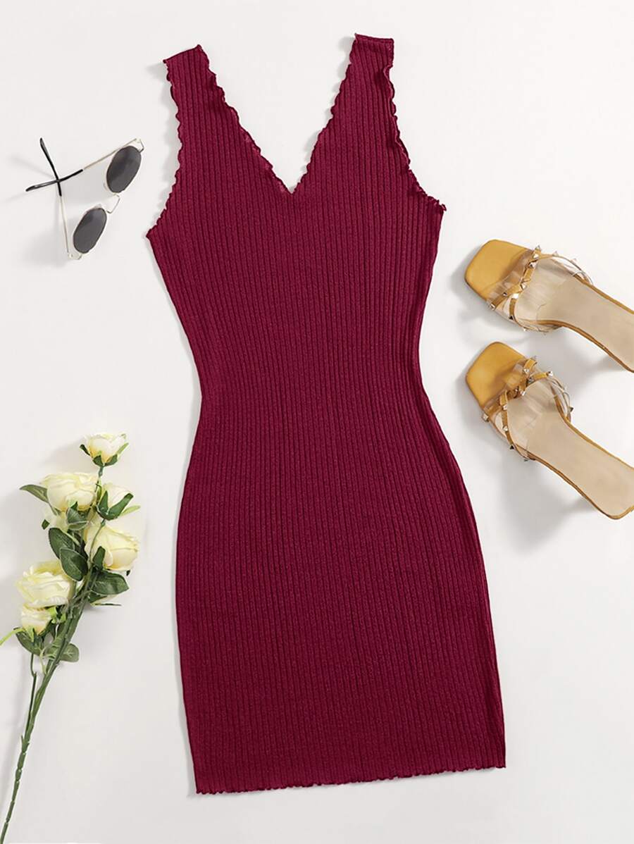 SHEIN Privé Lettuce Trim Rib-knit Bodycon Dress - Burgundy - View 1