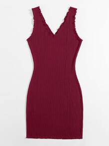 SHEIN Privé Lettuce Trim Rib-knit Bodycon Dress - Burgundy - View 2