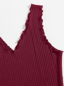 SHEIN Privé Lettuce Trim Rib-knit Bodycon Dress - Burgundy - View 3