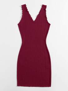 SHEIN Privé Lettuce Trim Rib-knit Bodycon Dress - Burgundy - View 5