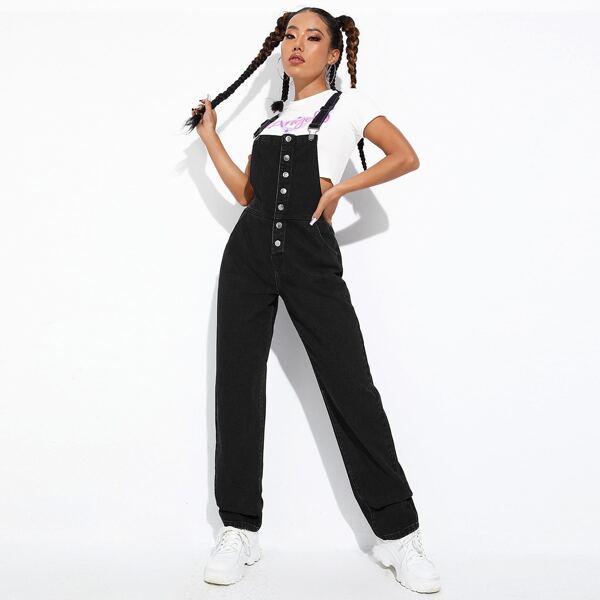 

Button Front Solid Denim Overalls, Black