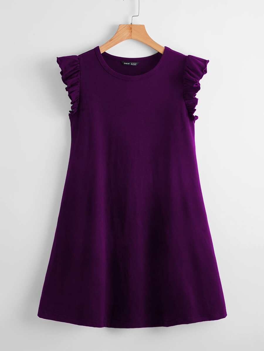 SHEIN Clasi 荷葉邊袖口素色連衣裙 - 紫色 - 查看 1