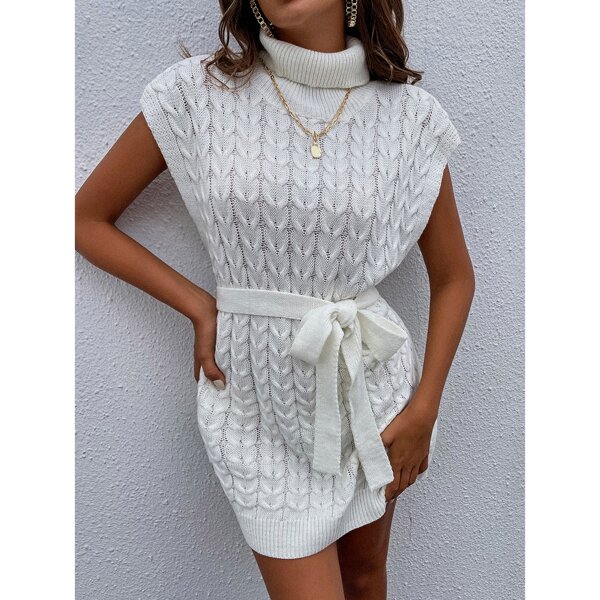 

Turtleneck Cable Knit Tie Front Sweater Dress, White