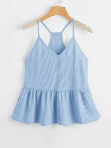 SHEIN Privé Krås Hem Rib-Knit Slätt Enkel Linne & Cami - Babyblå - Visa 1