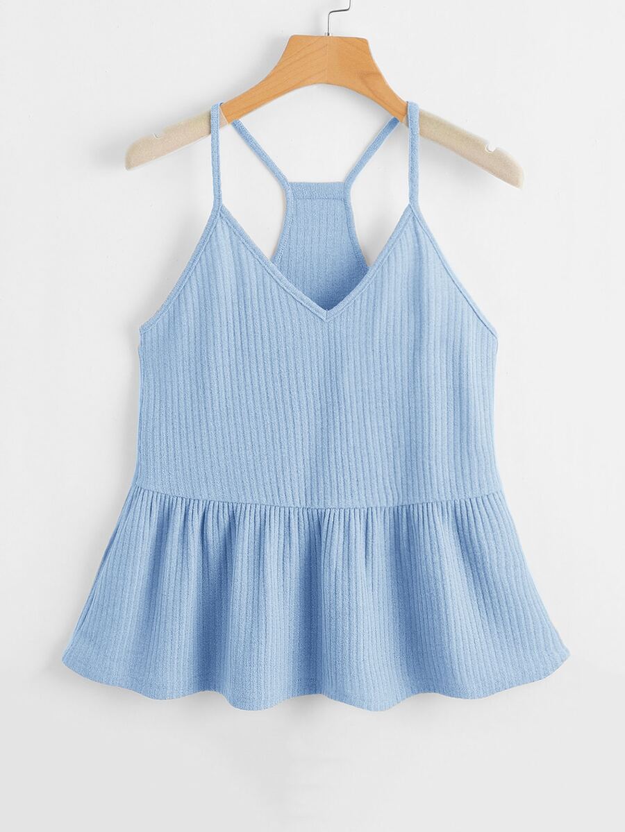 SHEIN Privé Krås Hem Rib-Knit Slätt Enkel Linne & Cami - Babyblå - Visa 1