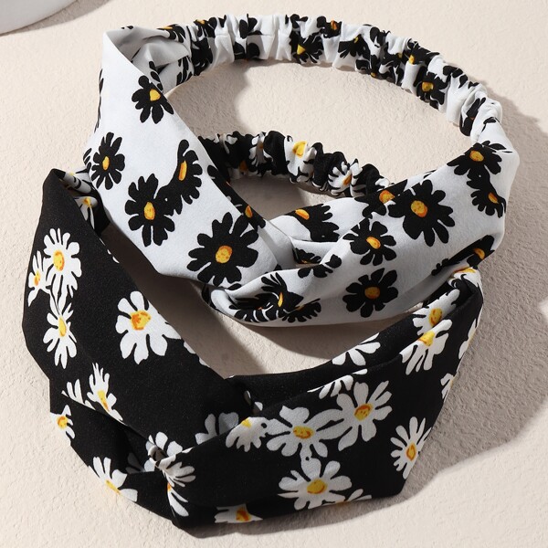 

2pcs Flower Print Hair Band, Black and white