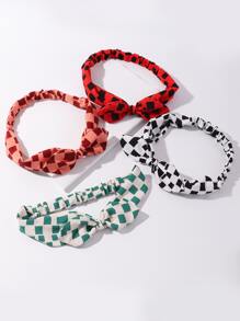 4pcs Women Plaid Rabbit Ear Headband Set, Minimalist Style, Suitable For Daily Wear, Spring/Summer
