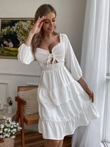 GENKIRA 雞心領抽褶分層連衣裙 - 白色 - 查看 1