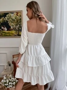 GENKIRA 雞心領抽褶分層連衣裙 - 白色 - 查看 2