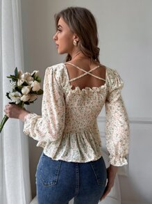 SHEIN VCAY 小碎花打褶娃娃襯衫 - 彩色 - 查看 2
