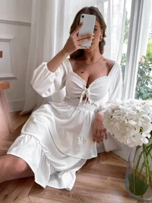 GENKIRA 雞心領抽褶分層連衣裙 - 白色 - 查看 4