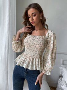 SHEIN VCAY 小碎花打褶娃娃襯衫 - 彩色 - 查看 3