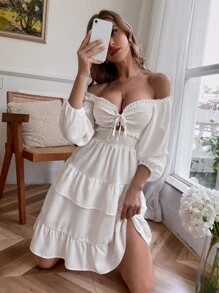 GENKIRA 雞心領抽褶分層連衣裙 - 白色 - 查看 6