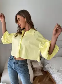 Aveloria Rosie 垂坠主教袖单排扣衬衫 - 黃色 - 查看 3