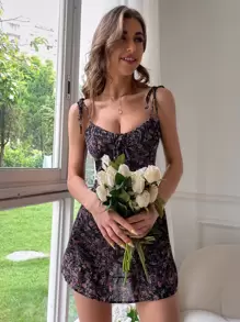 Aveloria Ditsy Floral Shirred Ruffle Hem Cami Dress Vacation Outfits Woman  - Black - View 4