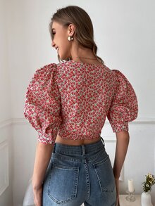 SHEIN Unity Allover Floral Ruched Front Blouse - Red - View 2