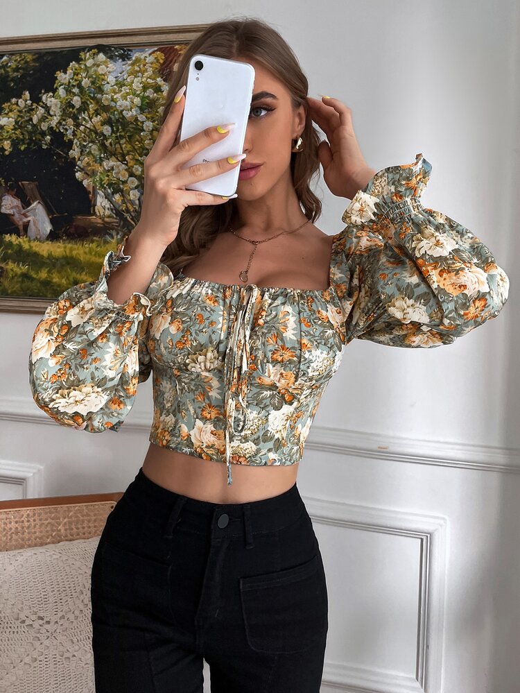 Aveloria Blusa con estampado floral de cuello cuadrado con cordón de manga fruncido - Multicolor - Añade 3