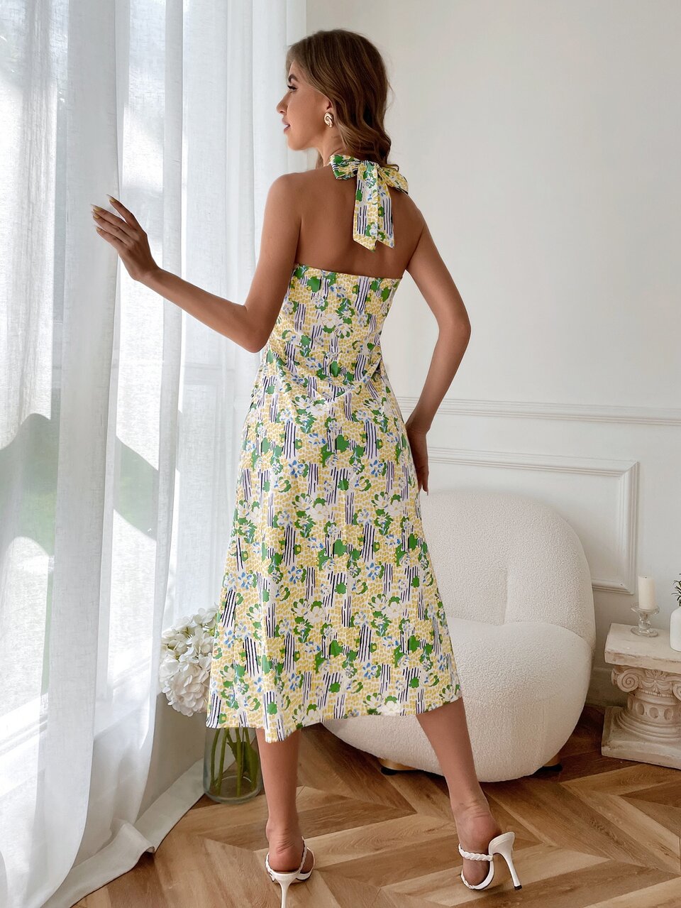 Allover Floral Print Backless Halter Dress