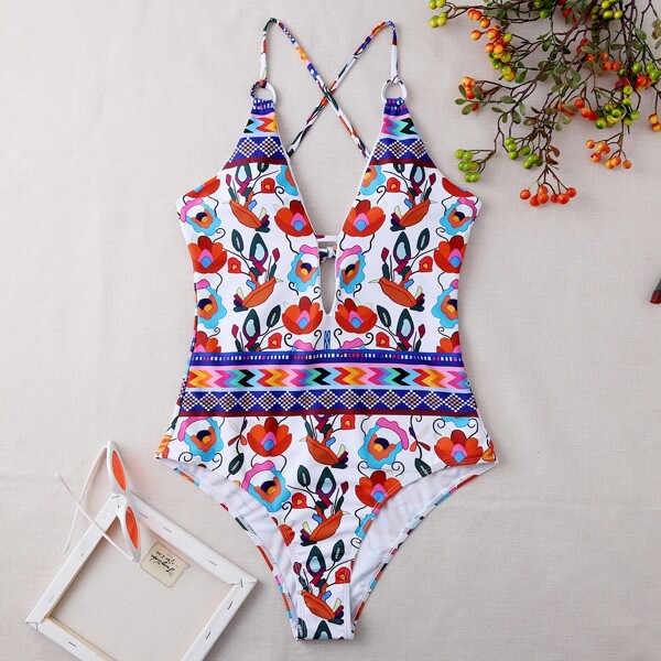 

Floral & Geo Print One Piece Swimsuit, Multicolor
