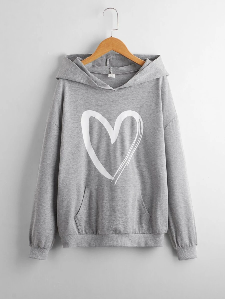 SHEIN 少女心形印花落肩袋鼠口袋卫衣 - 淺灰色 - 查看 1