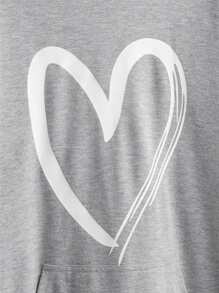 SHEIN 少女心形印花落肩袋鼠口袋卫衣 - 淺灰色 - 查看 3