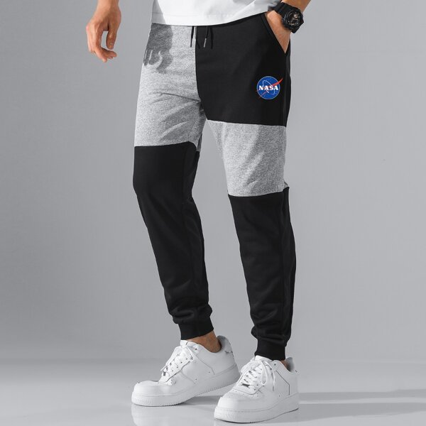 

Men Colorblock Letter Print Sweatpants, Black