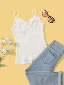 SHEIN Chicas adolescentes Top de tirantes de canalé ribete fruncido fruncido - Blanco - Ver 1