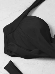 Swim Basics موحدة اللون طقم بيكيني مطوي امامي حمالة صدر مرفوع & عريض الارداف لباس قيعان 2قطع بدلة سباحة - الأسود - مشاهدة 3