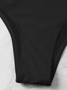 Swim Basics موحدة اللون طقم بيكيني مطوي امامي حمالة صدر مرفوع & عريض الارداف لباس قيعان 2قطع بدلة سباحة - الأسود - مشاهدة 4