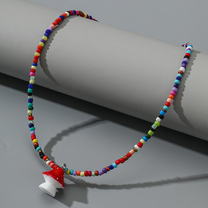 

Mushroom Pendant Beaded Necklace, Multicolor