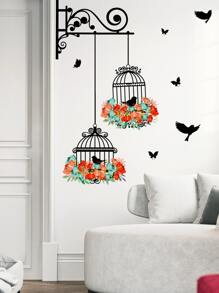 Adhesivo de pared con estampado de jaula de pájaros, Calcomanía de arte de pared de PVC resistente al agua, Para decoración del hogar, Pegatinas, Calcomanía de pared, Calcomanía de vinilo para decoraciones del hogar, Artículos de decoración de primavera para refrescar su hogar, Pegatinas de decoración de ramas, Regalos de cumpleaños y graduación - Multicolor - Ver 1