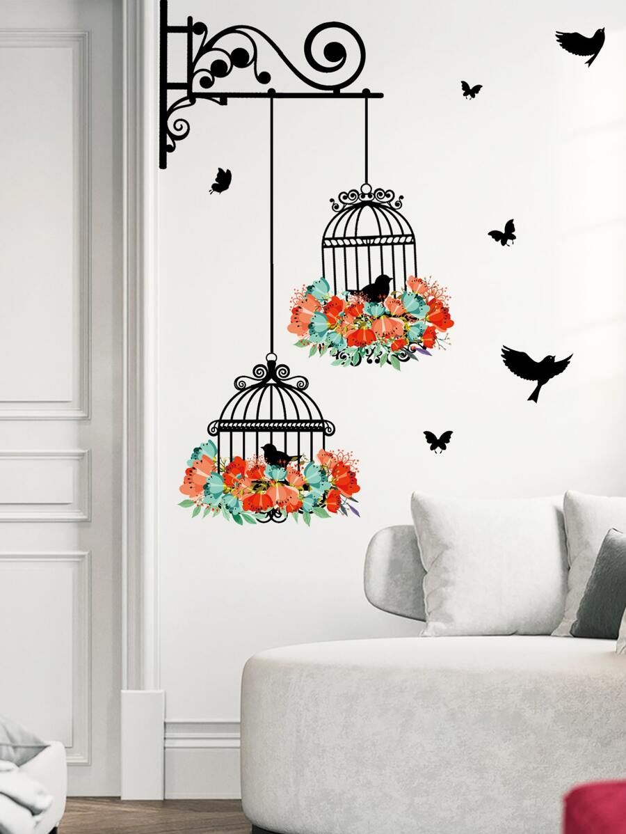 Adhesivo de pared con estampado de jaula de pájaros, Calcomanía de arte de pared de PVC resistente al agua, Para decoración del hogar, Pegatinas, Calcomanía de pared, Calcomanía de vinilo para decoraciones del hogar, Artículos de decoración de primavera para refrescar su hogar, Pegatinas de decoración de ramas, Regalos de cumpleaños y graduación - Multicolor - Ver 1