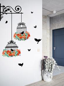 Adhesivo de pared con estampado de jaula de pájaros, Calcomanía de arte de pared de PVC resistente al agua, Para decoración del hogar, Pegatinas, Calcomanía de pared, Calcomanía de vinilo para decoraciones del hogar, Artículos de decoración de primavera para refrescar su hogar, Pegatinas de decoración de ramas, Regalos de cumpleaños y graduación - Multicolor - Ver 4