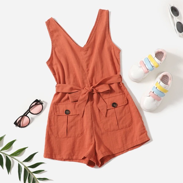 

Girls Double V Neck Flap Pocket Front Romper, Pink