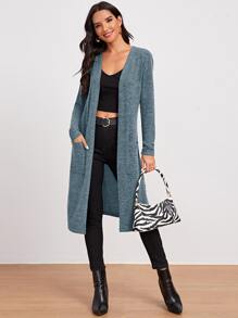 SHEIN LUNE Marled Knit Open-Front Longline Coat - Blue - View 1