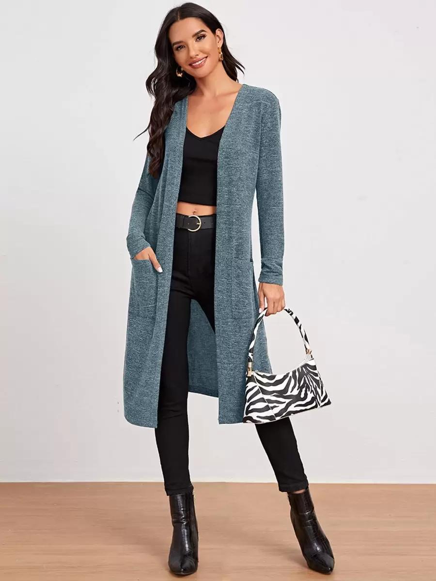 SHEIN LUNE Marled Knit Open-Front Longline Coat - Blue - View 1