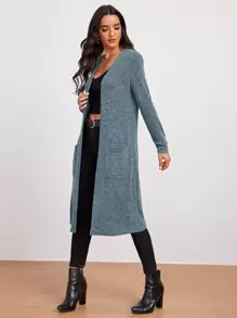 SHEIN LUNE Marled Knit Open-Front Longline Coat - Blue - View 3
