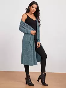 SHEIN LUNE Marled Knit Open-Front Longline Coat - Blue - View 4