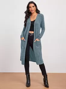 SHEIN LUNE Marled Knit Open-Front Longline Coat - Blue - View 5