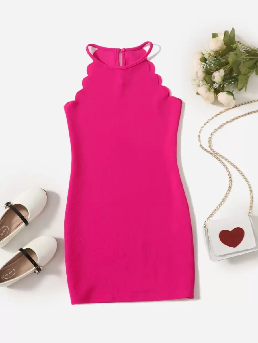 SHEIN Tween Girl Scallop Trim Halter Dress - Hot Pink - View 1