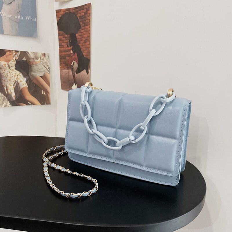 

Quilted Chain Satchel Bag, Blue