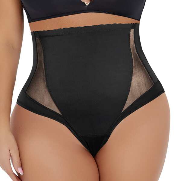 

Plus Solid Contrast Mesh High Waisted Shapewear Panty, Black