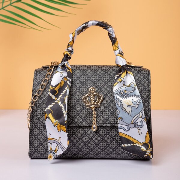 

Allover Print Scarf Decor Satchel Bag, Black