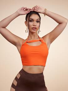 SHEIN Áo hai dây Cắt ra Buộc lại màu trơn Gợi cảm - trái cam - Xem 1