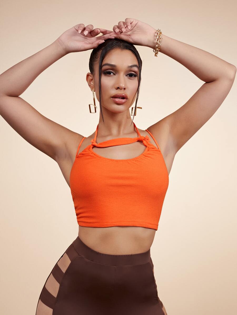 SHEIN Áo hai dây Cắt ra Buộc lại màu trơn Gợi cảm - trái cam - Xem 1