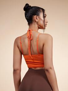 SHEIN Áo hai dây Cắt ra Buộc lại màu trơn Gợi cảm - trái cam - Xem 2