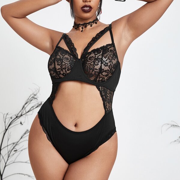

Plus Floral Lace Cut Out Teddy Bodysuit, Black