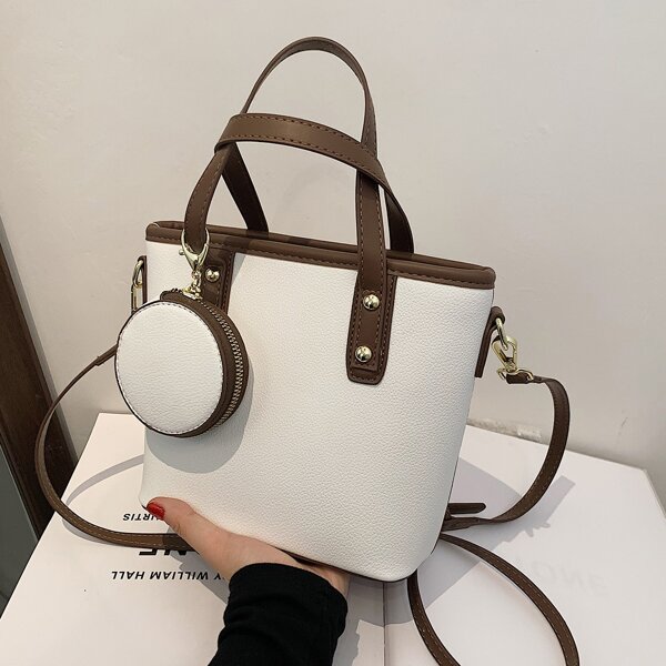 

Contrast Binding Bucket Bag With Coin Case, White